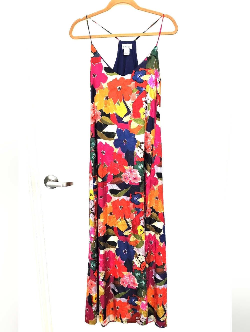 Nicole Miller Women's L Vibrant Floral Maxi Slip Dress in Orange, Pink & Blue